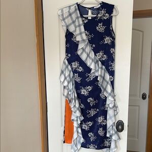 Floral Blue Midi Dress with Ruffle Details